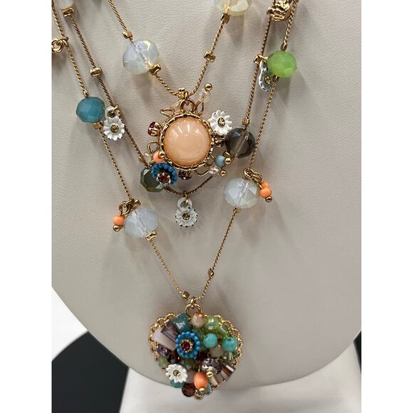 Betsey Johnson MultiStrand Bead Flower Heart Illusion Multicolor Necklace - Picture 4 of 9